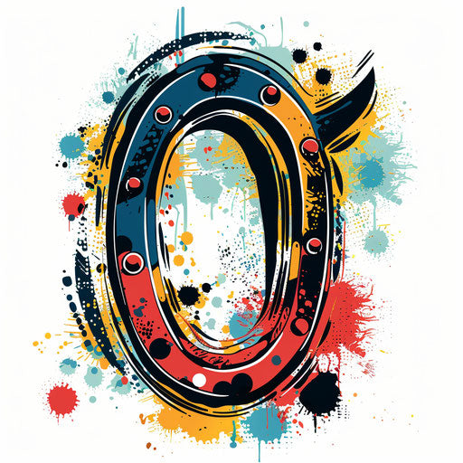 Flat tattoo sketch in retro pop art clipart style of a horseshoe with bold dots and splashes