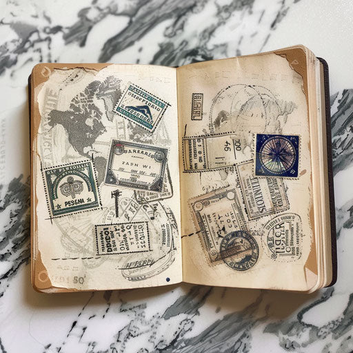 Stylish open passport page full of exotic stamps sketch