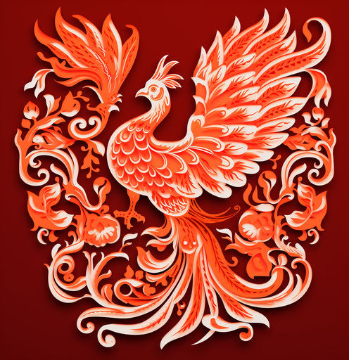 A red Chinese phoenix with bird-like wings, intricate cut-out style