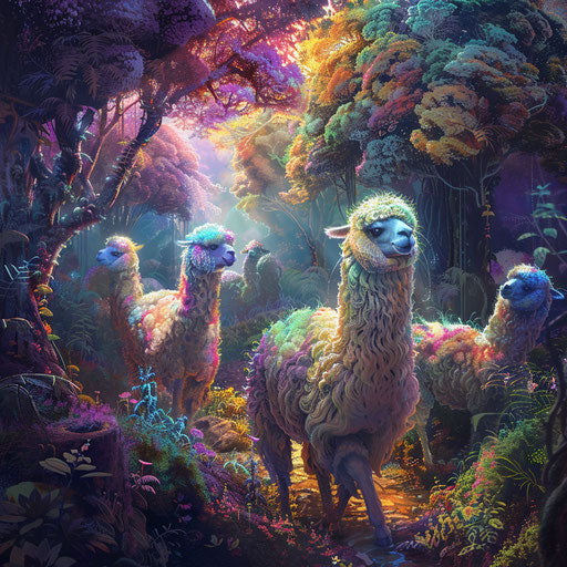 Mystical alpacas in a fantasy forest