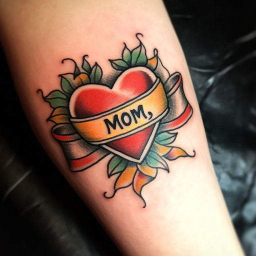 mother tattoo with a heart wrapped in a banner reading "Mom"
