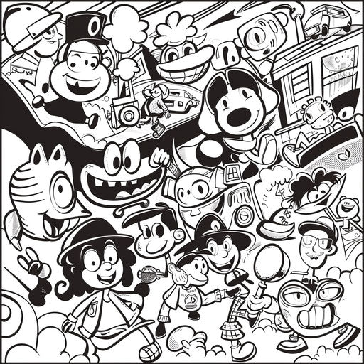 Lively cartoon parade with playful characters in the style of Walt Handelsman Coloring book page