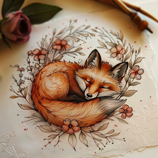 Cute single needle tattoo sketch of a sleeping fox in a bed of flowers, soft pastels