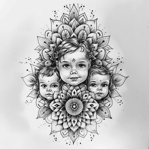 Three children with mandala - tattoo clipart style