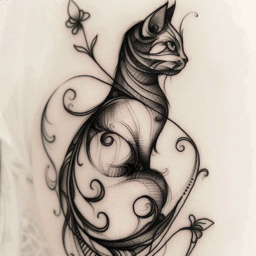 Art nouveau-inspired black cat tattoo on white background