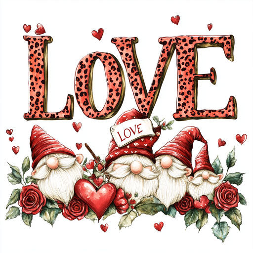 Valentine's Day design with 'LOVE' word, gnomes, hearts