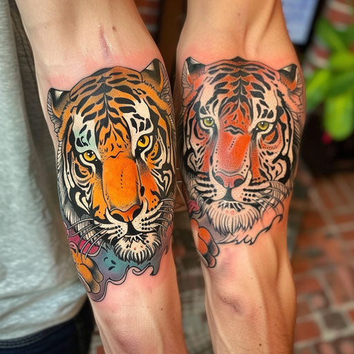 tiger in brother and sister tattoos, Ed Hardy style