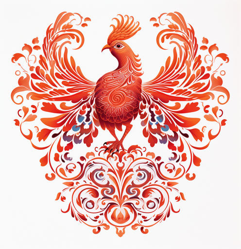 A red Chinese phoenix with bird-like wings, in intricate cut-out style
