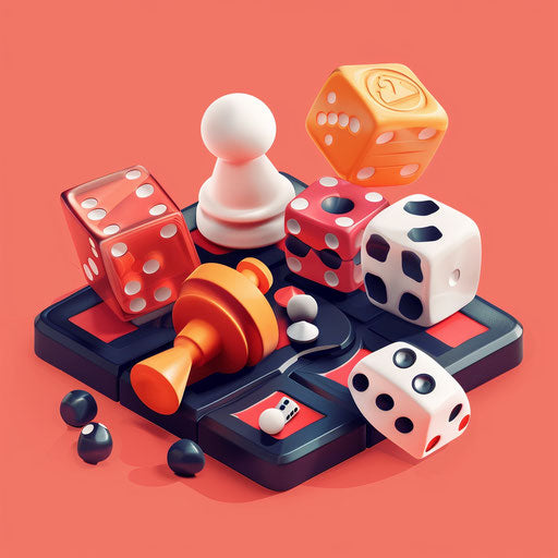 Realistic board games clipart on vibrant coral background