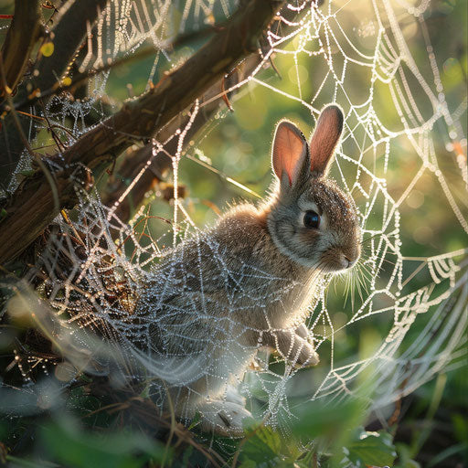 A rabbit navigating a dew-covered web of spider silk at dawn, a delicate obstacle course.