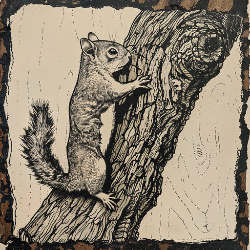 Flat sketch of a squirrel climbing a textured, rustic woodcut-style tree