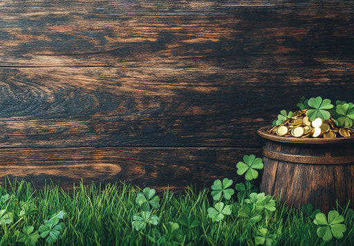St. Patrick's Day banner with green grass and pot of gold