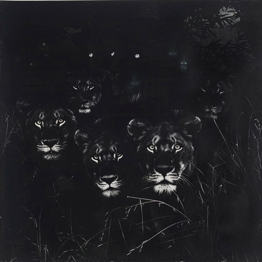 Eerie Glow of Lions' Eyes in the Shadows