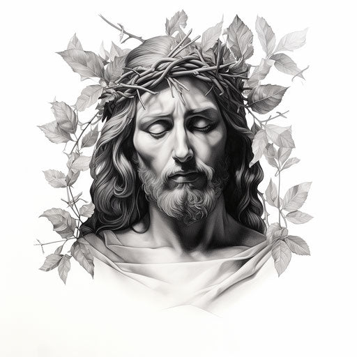 Jesus with rose on black and white background, tattoo style