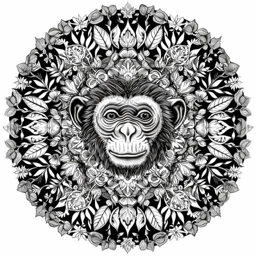Detailed mandala with a monkey surrounded by leaves and flowers