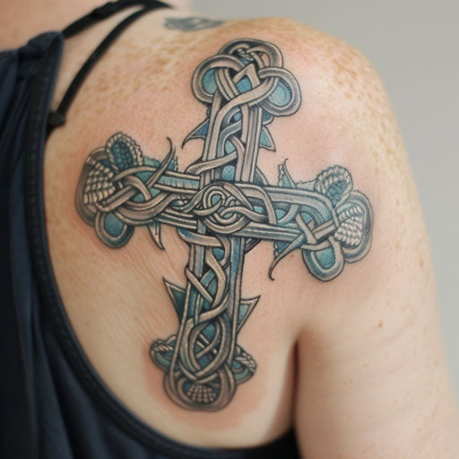 Nautical-themed Celtic cross tattoo
