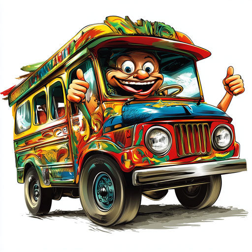 Humorous caricature of a jeepney with human characteristics