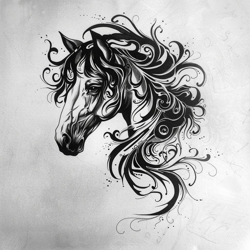Flat tattoo sketch of a dark horse with elegant calligraphic lines