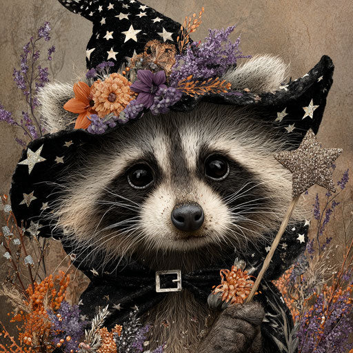 Cute raccoon in a sparkling witch's hat