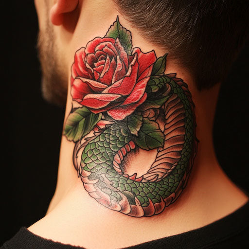 Rose neck tattoo in the style of Adrian Smith featuring a rose wrapped around a dragon