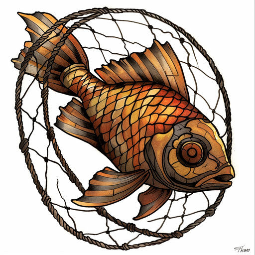 Traditional tattoo design of a fish wrapped in a net