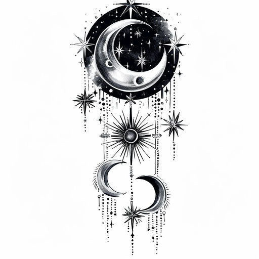 Celestial flat tattoo design for dark arts with twinkling silver stars