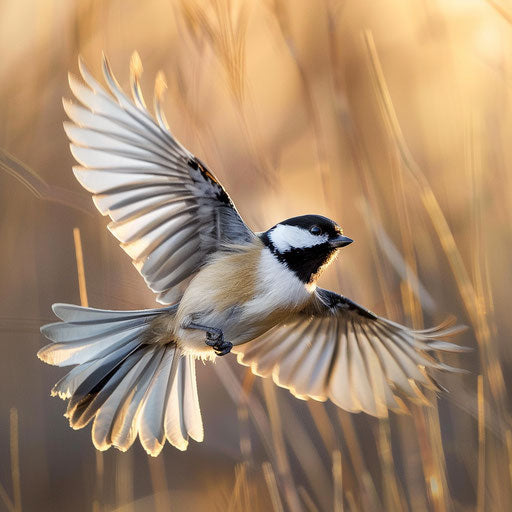 Chickadee bird flying over a meadow