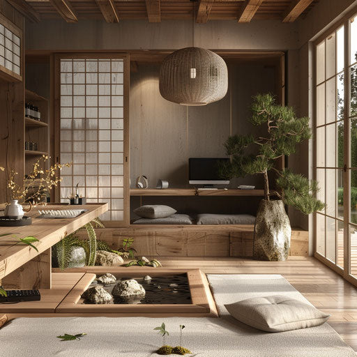 Zen home office with meditation space and soothing music setup