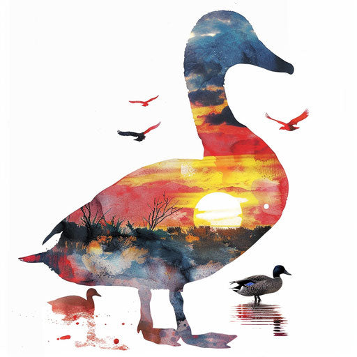 Duck silhouette with colorful sunset scene