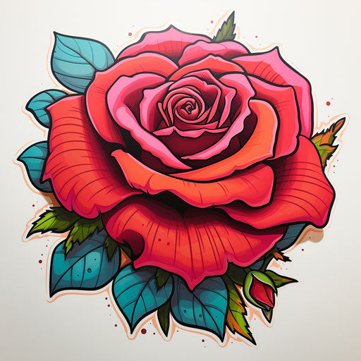 Large rose drawing in colored cartoon tattoo style