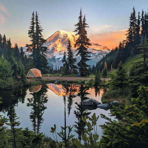 Peaceful sunset on alpine lake and Mount Rainier