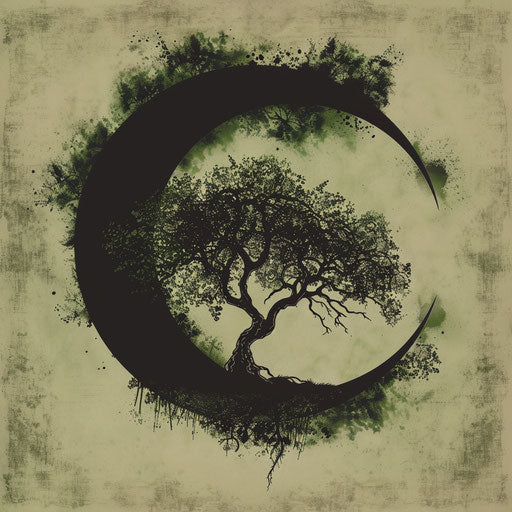Eclipse and tree silhouette, clipart style, green and black