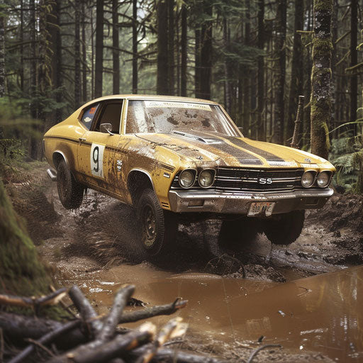1969 Chevrolet Chevelle SS rally car mid-jump in forest stage