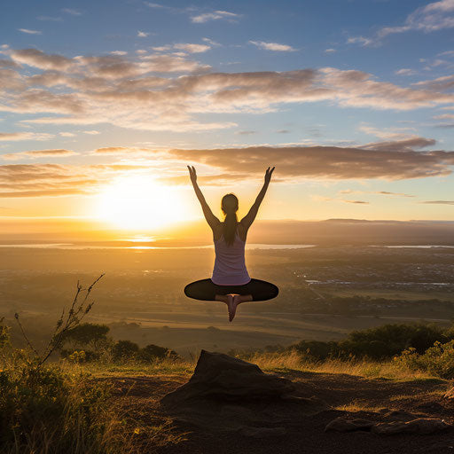 Teenage yoga pose at sunrise on a hilltop