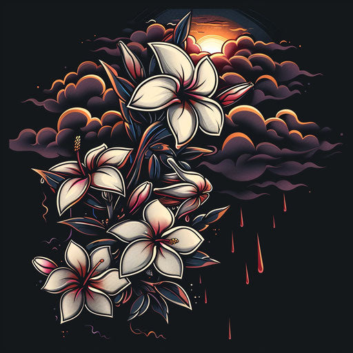 Dramatic clipart style flat tattoo sketch of plumeria in a storm
