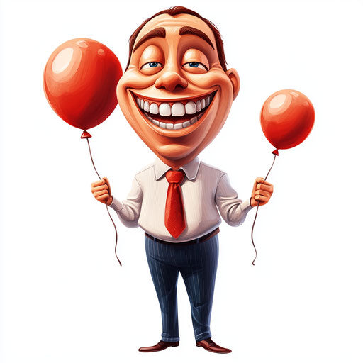 Humorous caricature of a leadership clipart with human characteristics, exaggerated grin teeth, big hands, holding a balloon, vibrant colors, cartoon style, winking