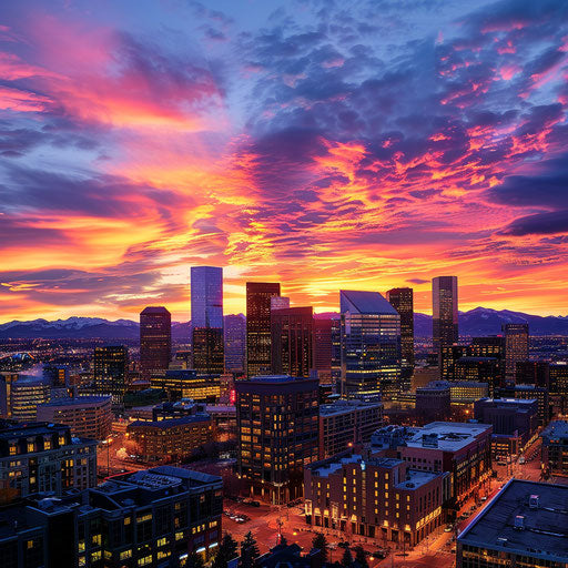 Sunset over Denver skyline and the Rocky Mountains