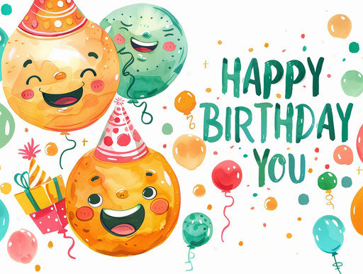 Happy birthday with smiling emojis and presents