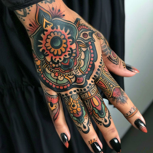 Vibrant traditional hand tattoo for women with cultural motifs