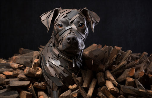 Terrier in pile of wood chips, dark silver and light blue style, distinct facial features 17:11