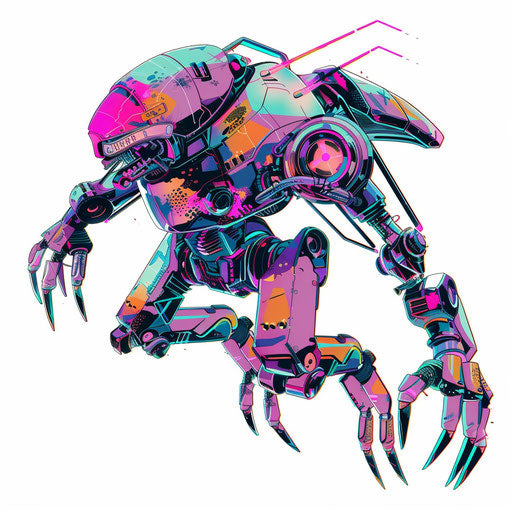 Sci-fi anime robot in battle pose with metallic and neon details, tattoo concept on white background.