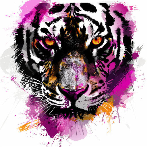 Dynamic tattoo sketch of tiger eyes in a flat clipart style with explosive magenta highlights