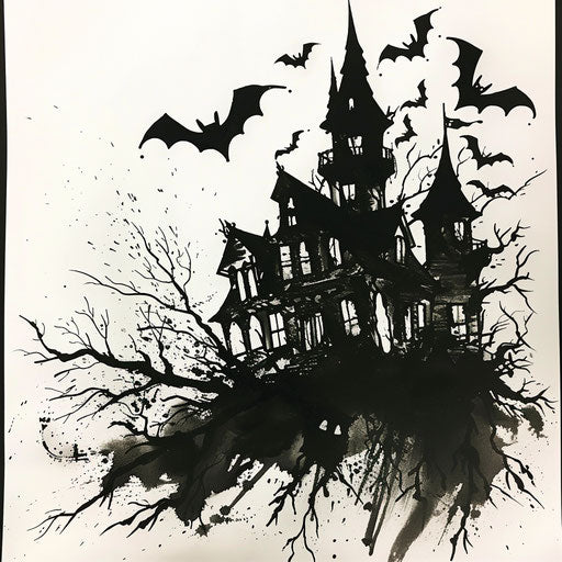 Flat tattoo sketch of a creepy haunted house silhouette with bats flying around, in bold black and white.