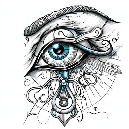Illustrative Eye of Horus tattoo design with storytelling elements from Egyptian mythology