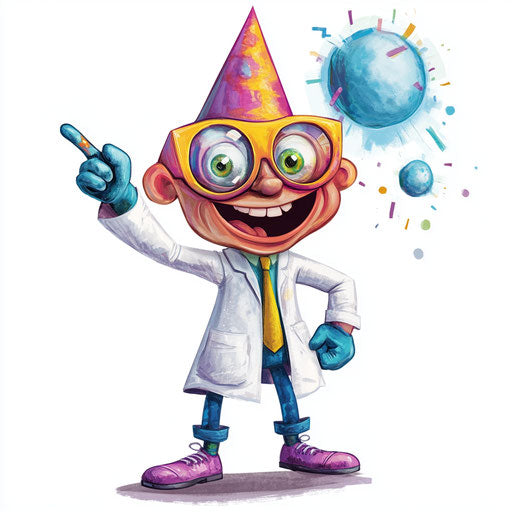 Humorous caricature of a chemistry caricature clipart with human characteristics, exaggerated googly eyes, small feet, wearing a party hat, vibrant colors, cartoon style, pointing, high-resolution, no background, isolated