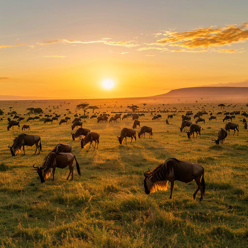 Serene sunrise over the Serengeti, herd of wildebeest peacefully grazing