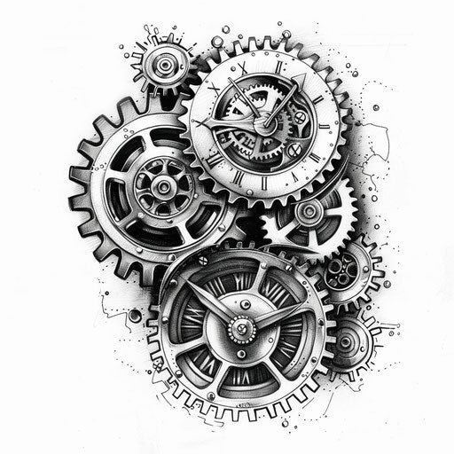 Steampunk gear and clockwork tattoo design in black on white