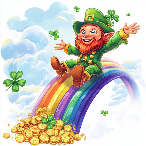 St. Patrick's Day, happy leprechaun sliding down a rainbow with gold coins and shamrocks