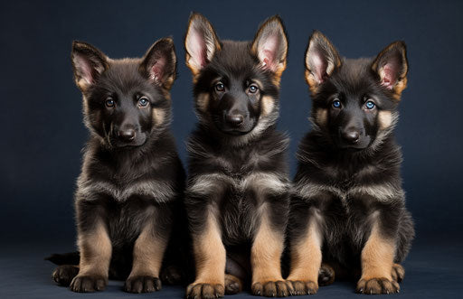 Three German Shepherd puppies sitting in front of white background