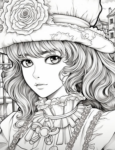 A girl in an anime coloring book, victorian goth style